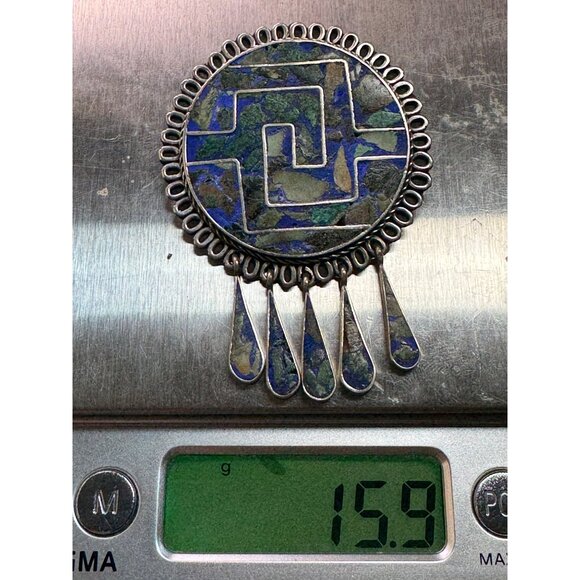 Estate Mexican Sterling Silver 925 Azurite Malachite Inlay Brooch Pin Pendant 15 - Picture 8 of 8